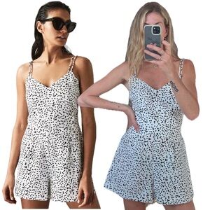 REISS Brinley Cotton Linen Micro Polka Dot Spaghetti Strap Playsuit Romper